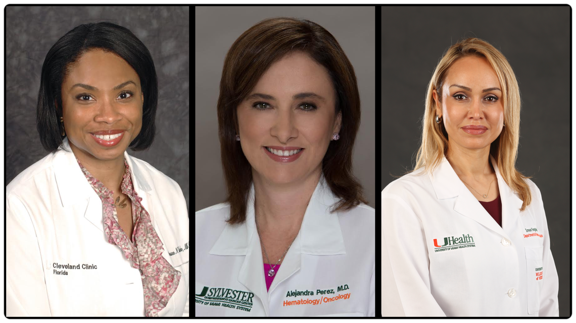 (From left to right) Dr. Cassann Blake, breast oncology surgeon at Cleveland Clinic’s Weston location; Dr. Alejandra Perez, a breast medical oncologist with Sylvester Comprehensive Cancer Center; and Dr. Irman Forghani, a geneticist at Sylvester Comprehensive Cancer Center.