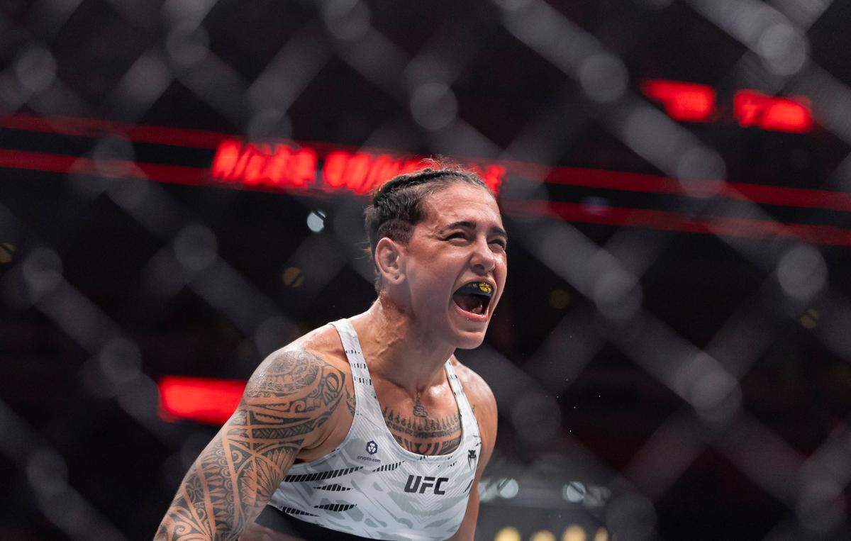 Nora Cornolle of France reacts after defeating Hailey Cowan in their Women Bantamweight bout during UFC 314 at the Kaseya Center on Saturday, April 12, 2025, in downtown Miami, Fla.