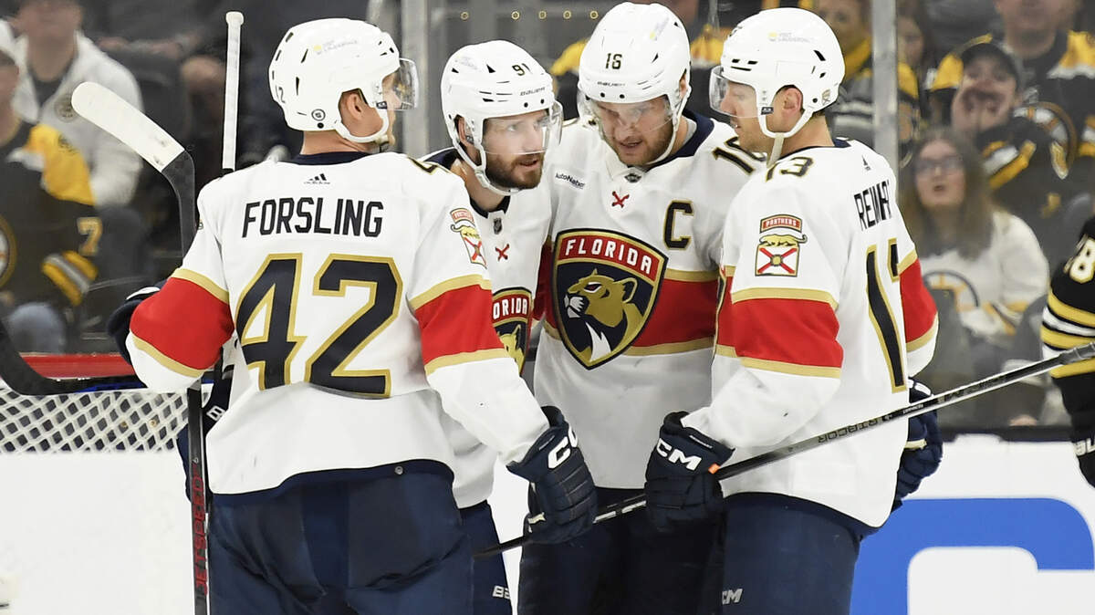 Apr 6, 2024; Boston, Massachusetts, USA; Florida Panthers center Aleksander Barkov (16) celebrates his goal with his teammates during the third period against the Boston Bruins at TD Garden.