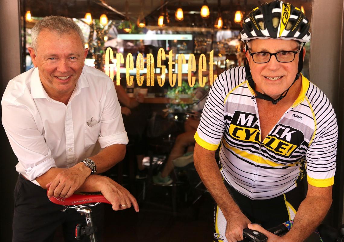 Sylvano Bignon, owner fo Greenstreet Cafe, left, and longtime Grove resident Harry Gottlieb, are photograph at the popular restaurant on Thursday, August 3, 2019. The Grove is in the midst of redevelopment with the construction of office buildings, new restaurants, and other development projects.