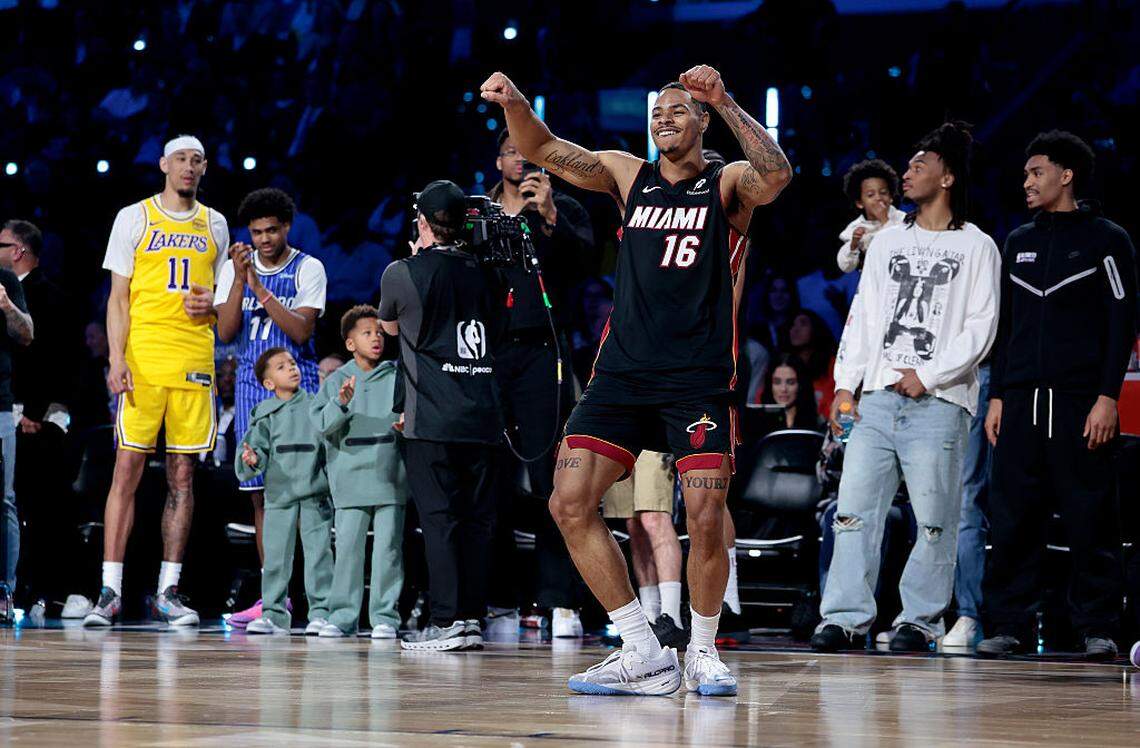 Keshad Johnson #16 of the Miami Heat dances after a dunk during the AT&T Slam Dunk Contest during 2026 NBA All-Star Weekend at Intuit Dome on February 14, 2026 in Inglewood, California.