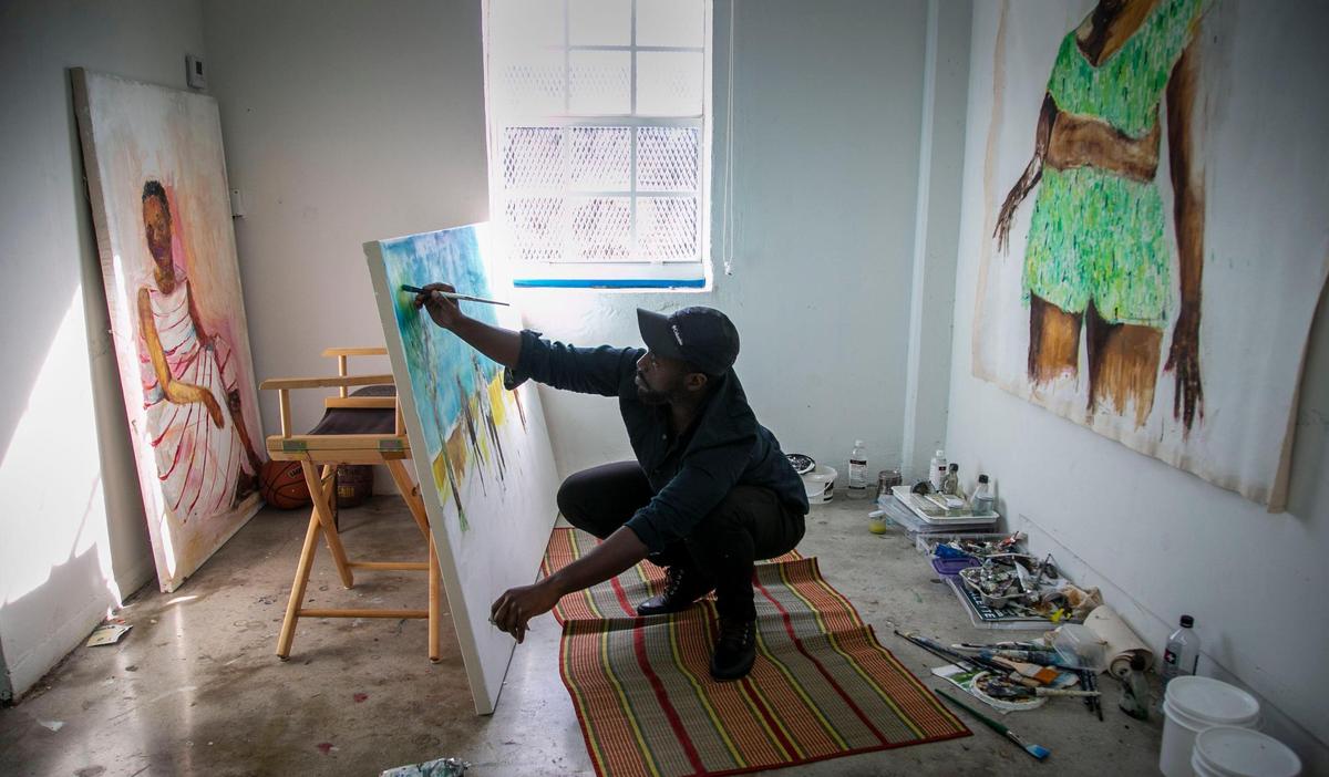 Artist Jared McGriff at work in his studio at Spinello Projects in Miami’s Allapattah neighborhood. McGriff has a solo show of his paintings at the NSU Art Museum Fort Lauderdale for Miami Art Week.