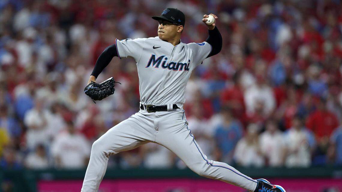 Oct 3, 2023; Philadelphia, Pennsylvania, USA; Miami Marlins starting pitcher Jesus Luzardo (44) throws a pitch against the Philadelphia Phillies in the first inning for game one of the Wildcard series for the 2023 MLB playoffs at Citizens Bank Park.