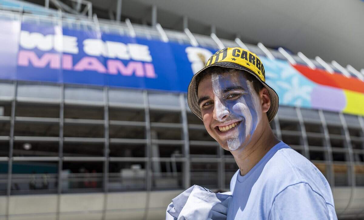 Matthew Batista Veraldi, an Uruguay fan, arrives to Hard Rock Stadium before his team's World Cup Group H soccer match against Cape Verde on Sunday, June 21, 2026, in Miami Gardens, Fla.