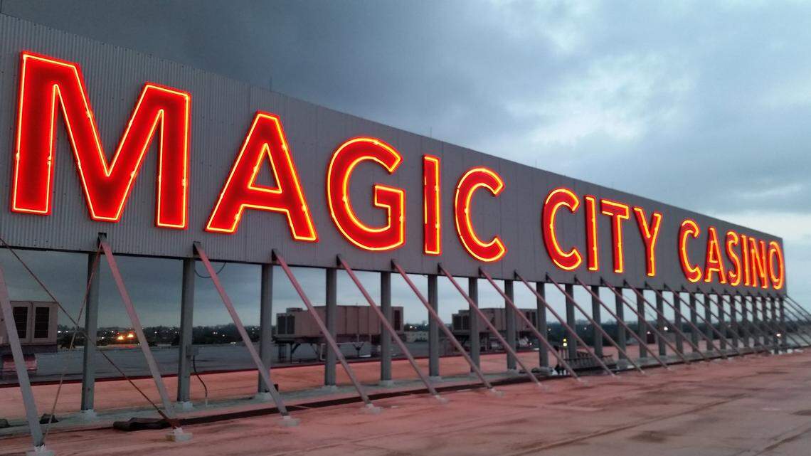 The neon sign atop the Magic City Casino on Flagler Street in Miami. The casino’s owners are seeking to build a poker room and jai alai fronton on Biscayne Boulevard in the city’s Edgewater neighborhood.