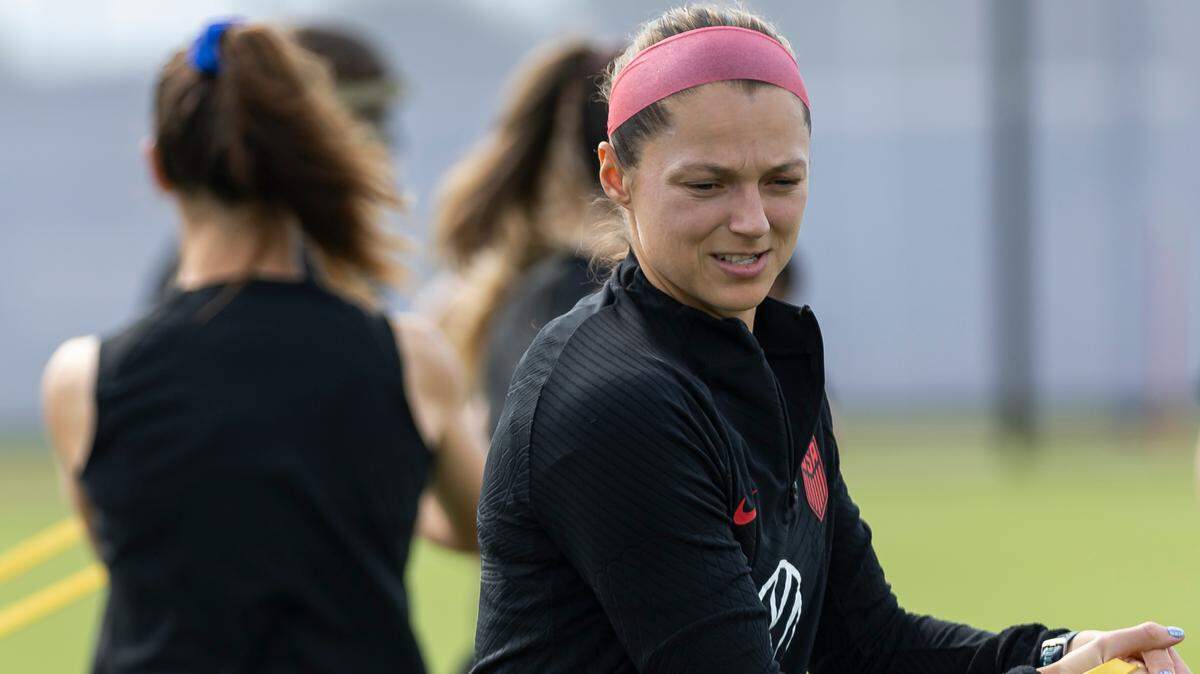 United States midfielder Rose Lavelle (16) stretches during team practice at the Florida Blue Training Center on Tuesday, Nov. 28, 2023, in Fort Lauderdale, Fla.