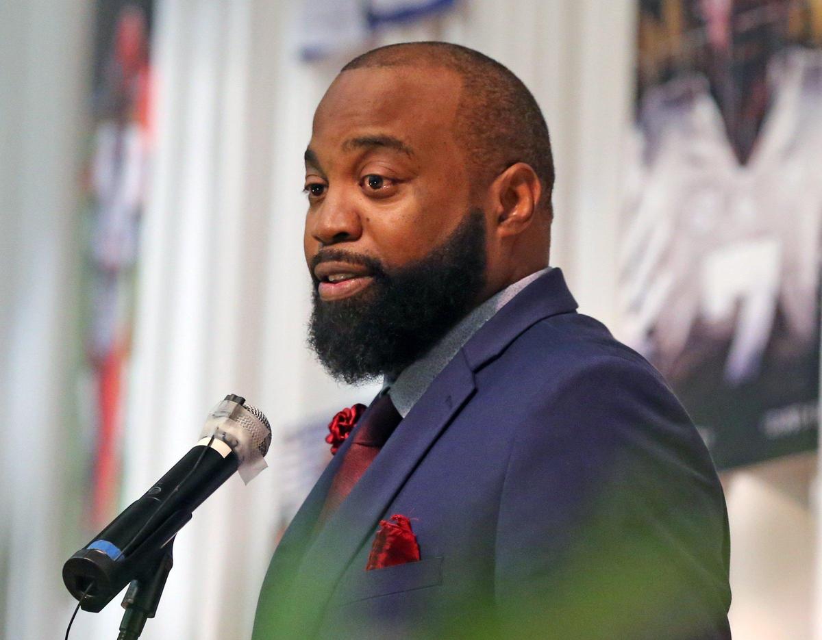 Coach Jevon Glenn speaks during a memorial service for Bryce Jaden-Lee Zane Gowdy, a senior football player at Deerfield Beach High School on Saturday, January 11, 2020.