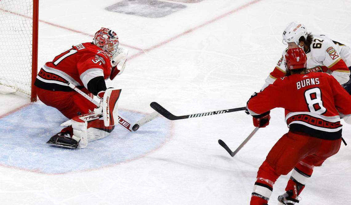 Carolina goaltender Frederik Andersen (31) stops the shot by Florida defenseman Brandon Montour (62) during the third overtime of the Hurricanes’ game against the Panthers in the first game of Eastern Conference Finals at PNC Arena in Raleigh, N.C., early Friday morning, May 19, 2023.