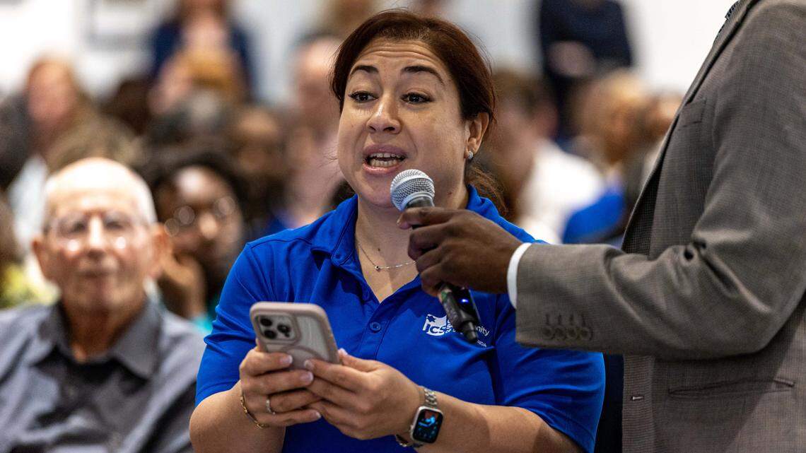 Director of contact center services for Jewish Community Services, Marcella Cruz, speaks during a town hall to present the 2026 budget proposal at the Ava Parks McCabe Auditorium on Thursday, July 31, 2025, in Miami, Fla.