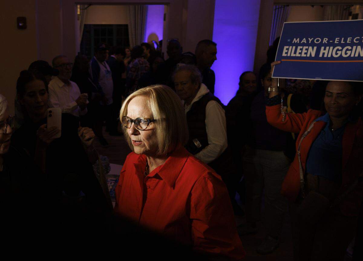 Mayor-elect Eileen Higgins, former Miami-Dade County Commissioner, talks to the press during an election night watch party on Tuesday, Dec. 9, 2025, at the Miami Women's Club.