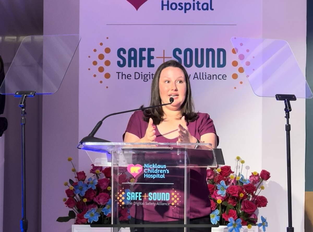 Michelle Appelrouth-Rader, a former high school teacher and a parent of three kids, talks about the importance of talking with kids about the dangers of social media during a news conference at Nicklaus Children’s Hospital on Wednesday, Jan. 31, 2024.