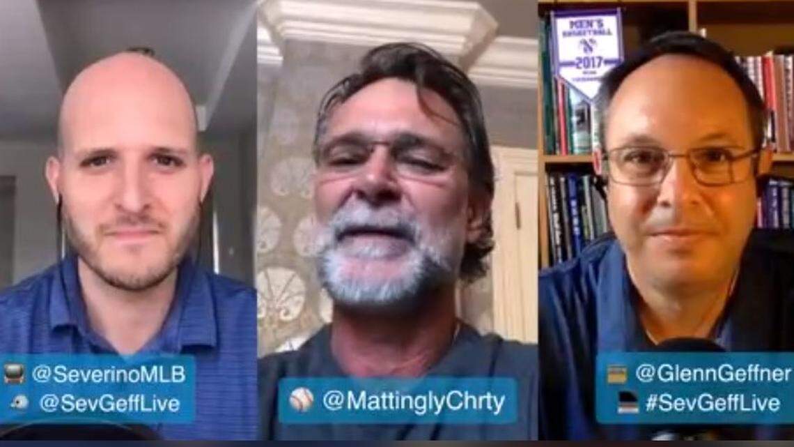 Miami Marlins manager Don Mattingly (center) speaks on a live stream interview with team TV play-by-play announcer Paul Severino (left) and radio host Glenn Geffner (right) on Monday, April 13, 2020.