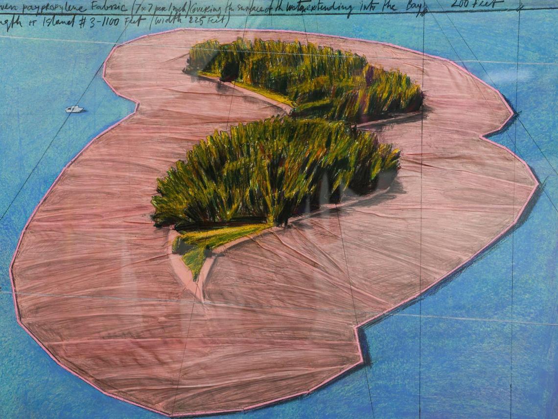 Pictured is Christo’s drawing of one of the “Surrounded Islands.” Artworks, photographs, documents and other archived materials related to the 1983 project are on display at NSU Art Museum Fort Lauderdale.