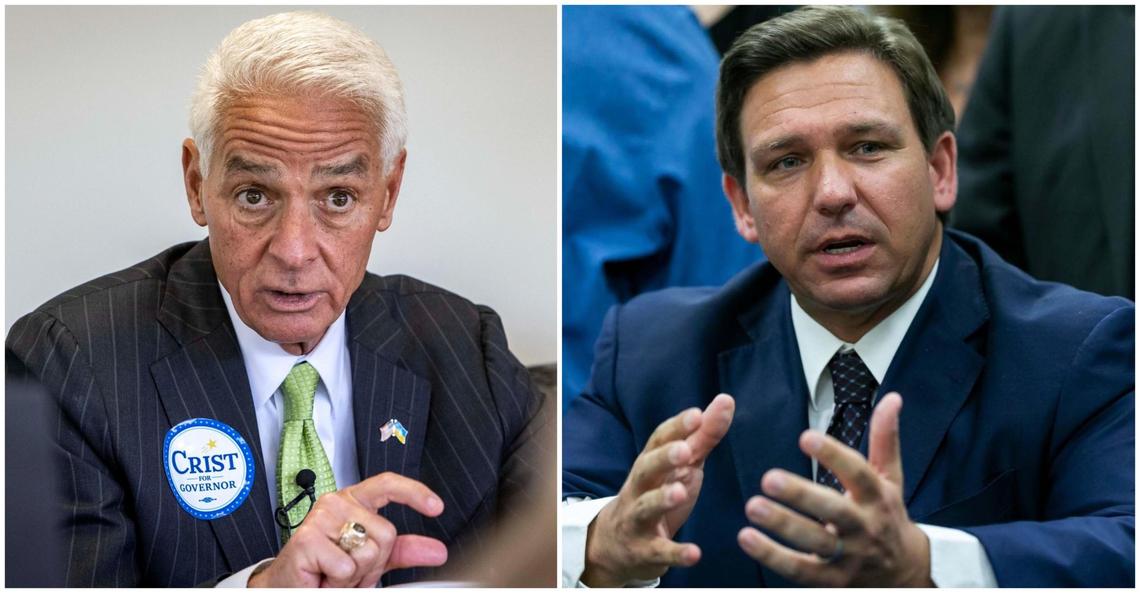 Democratic U.S. Rep. Charlie Crist, left, is challenging incumbent Republican Gov. Ron DeSantis in the November election.