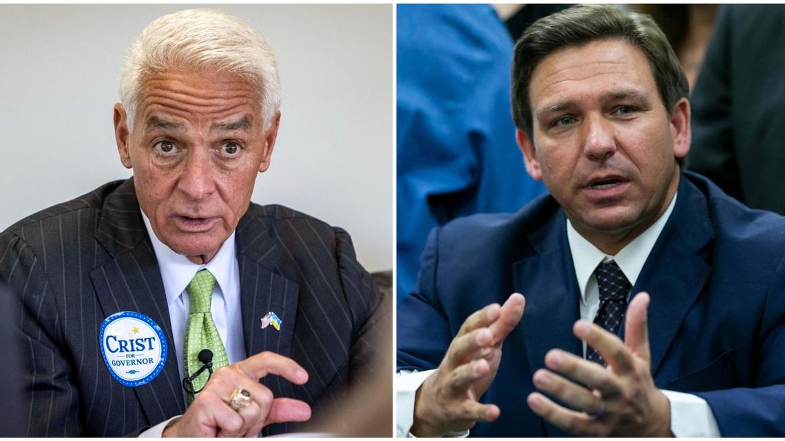 Democratic ex-U.S. Rep. Charlie Crist, left, is challenging incumbent Republican Gov. Ron DeSantis in the November election.