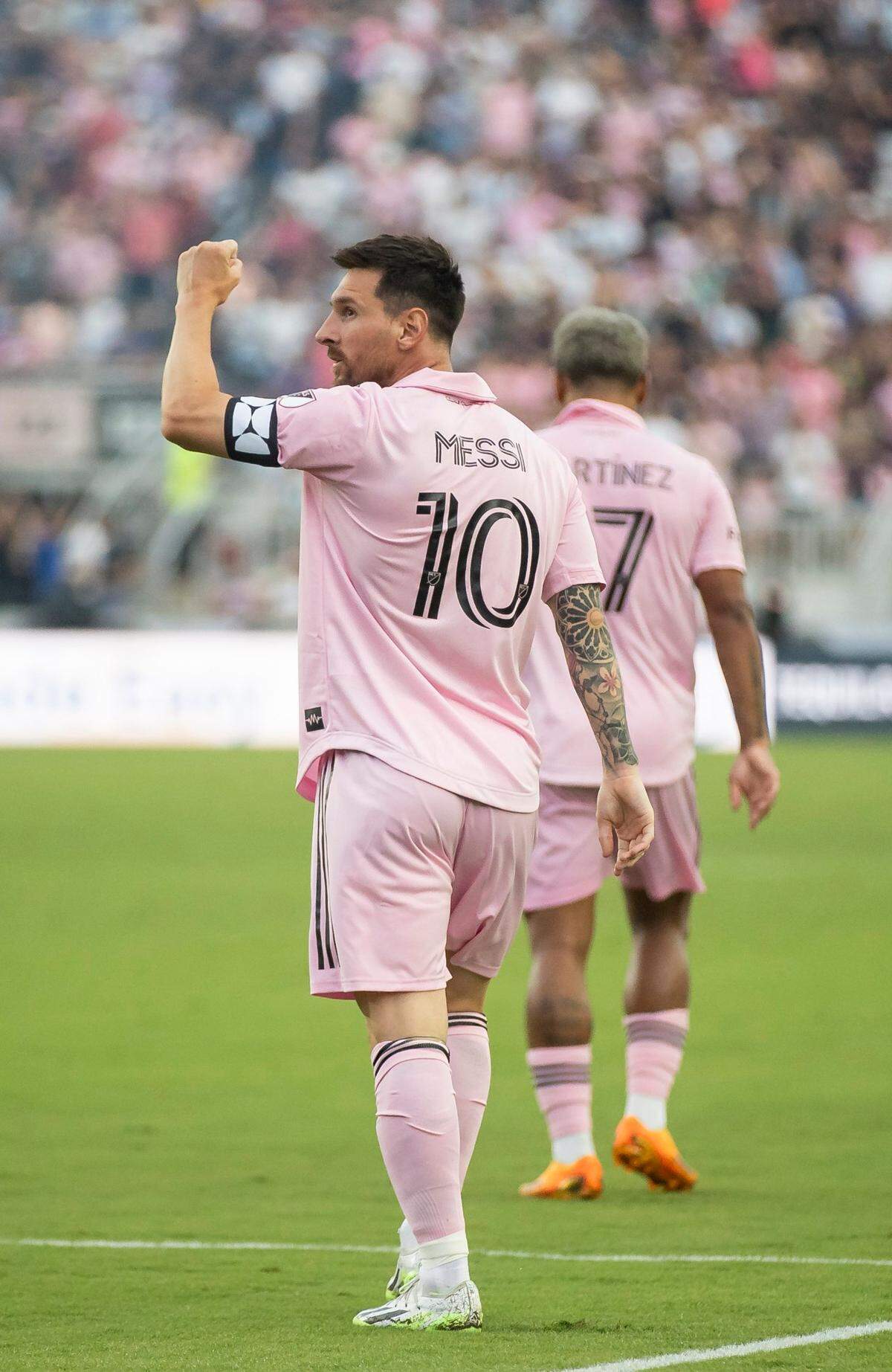 Inter Miami forward Lionel Messi (10) celebrates after scoring a goal against Atlanta United in the first half of their Leagues Cup group stage match at DRV PNK Stadium on Tuesday, July 25, 2023, in Fort Lauderdale, Fla.
