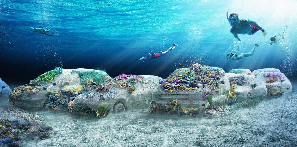 A rendering shows a coral reef sculpture in the shape of a string of cars by Leandro Erlich. The sculpture is set to be part of the ReefLine artificial reef project off Miami Beach. It will be made of a geo-polymer material four times stronger than concrete that is pH neutral and reef-safe.