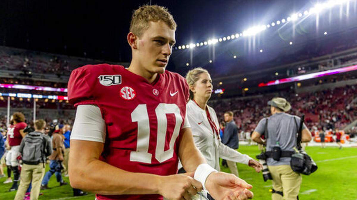 Alabama quarterback Mac Jones (10) walks off the field after an NCAA college football game against Arkansas, Saturday, Oct. 26, 2019, in Tuscaloosa, Ala. (AP Photo/Vasha Hunt)