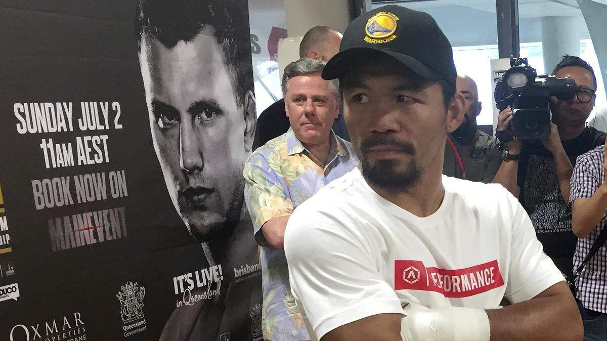 Manny Pacquiao speaks to the media in Brisbane, Tuesday, June 27, 2017. Pacquiao, is putting his WBO belt on the line Sunday, July 2, against the 29-year-old Australian fighter Jeff Horn.