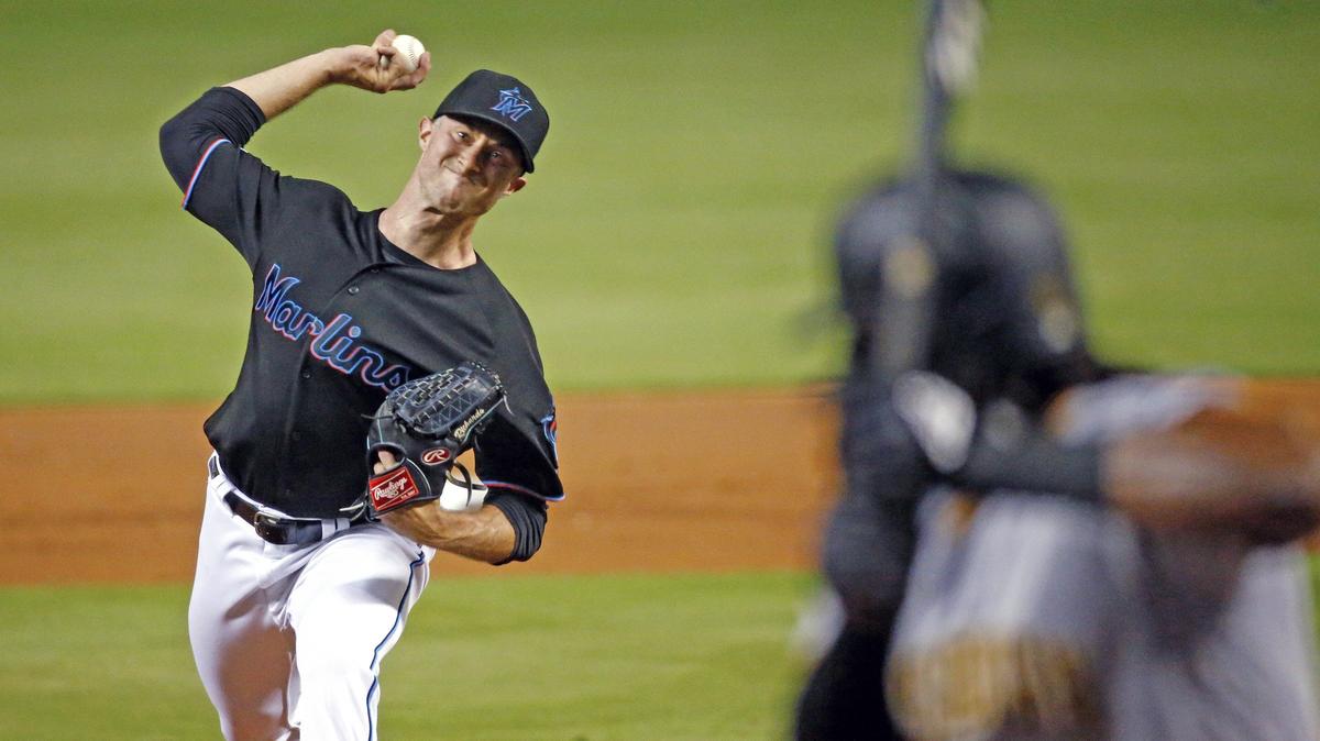 Miami Marlins starting pitcher Trevor Richards (36) pitches in the first inning as the Miami Marlins host the Pittsburgh Pirates at Marlins Park on Friday, June 14, 2019.