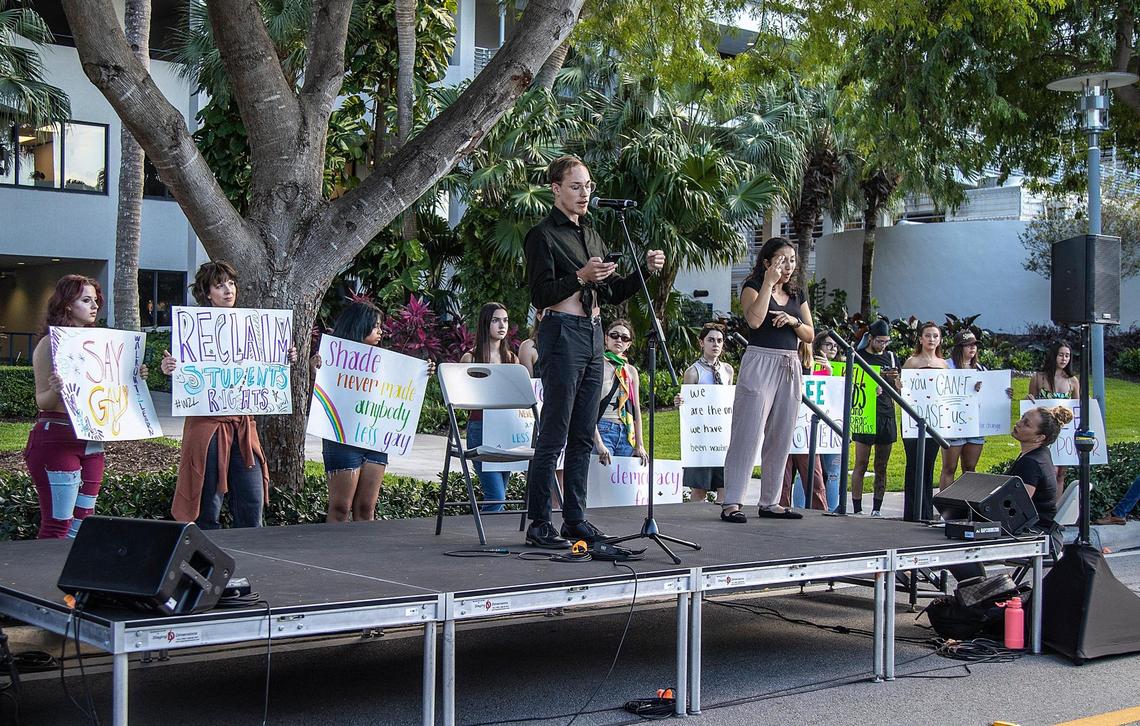 Maxx Fenning, president of Prism, an LGBT nonprofit organization in South Florida, joined a group of students during a rally in support of the Walking Out to Learn! Protest, in Miami Beach to protest again the many educational policies implemented by the State of Florida and to send a message Florida Governor Ron DeSantis, to their representatives—from school board to Senate, On Friday April 21, 2023.