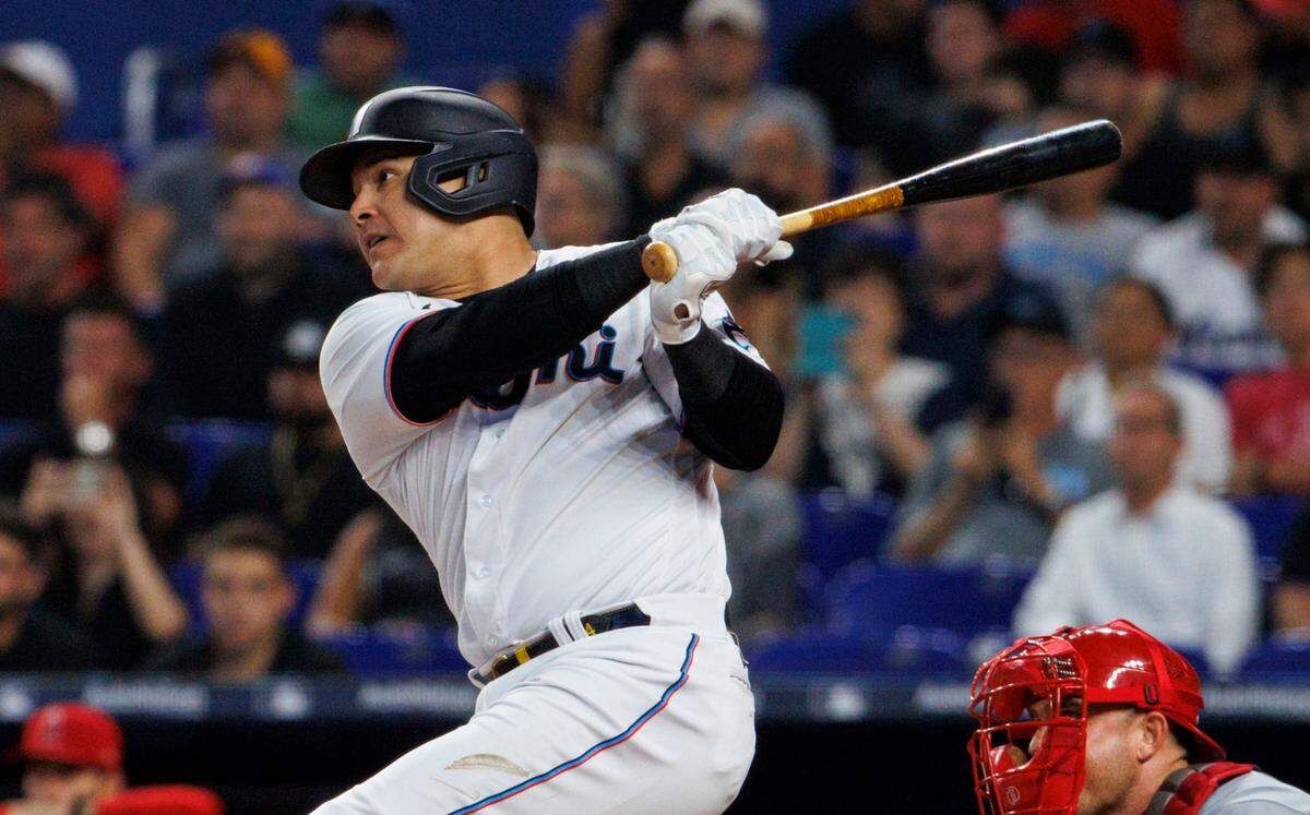 Miami Marlins right fielder Avisail Garcia (24) bats during the first inning of a baseball game against Los Angeles Angels at LoanDepot Park on Wednesday, July 6, 2022 in Miami, Florida.