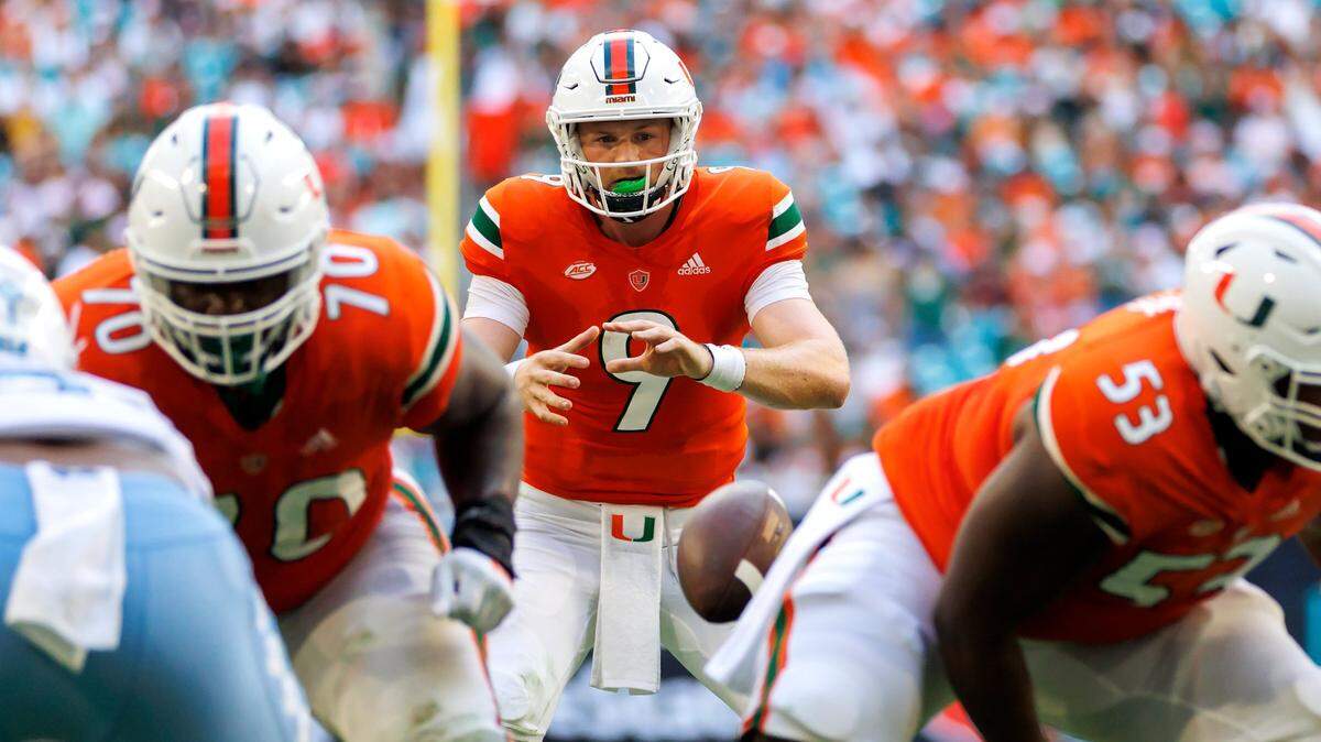 Miami Hurricanes quarterback Tyler Van Dyke (9) waits for the snap during the second quarter of an ACC conference football game  against North Carolina Tar Heels at Hard Rock Stadium on Saturday, October 8, 2022 in Miami Gardens, Florida..
