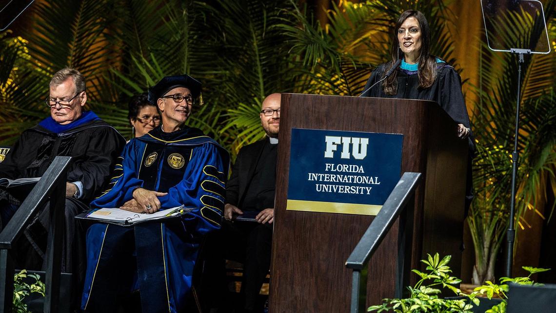 Florida Lt. Gov. Jeanette Nuñez speaks during the presidential investiture ceremony for Florida International University’s sixth president, Kenneth A. Jessell, at the Ocean Bank Convocation Center at the FIU Modesto A. Maidique campus in Miami on Thursday, May 18 , 2023.