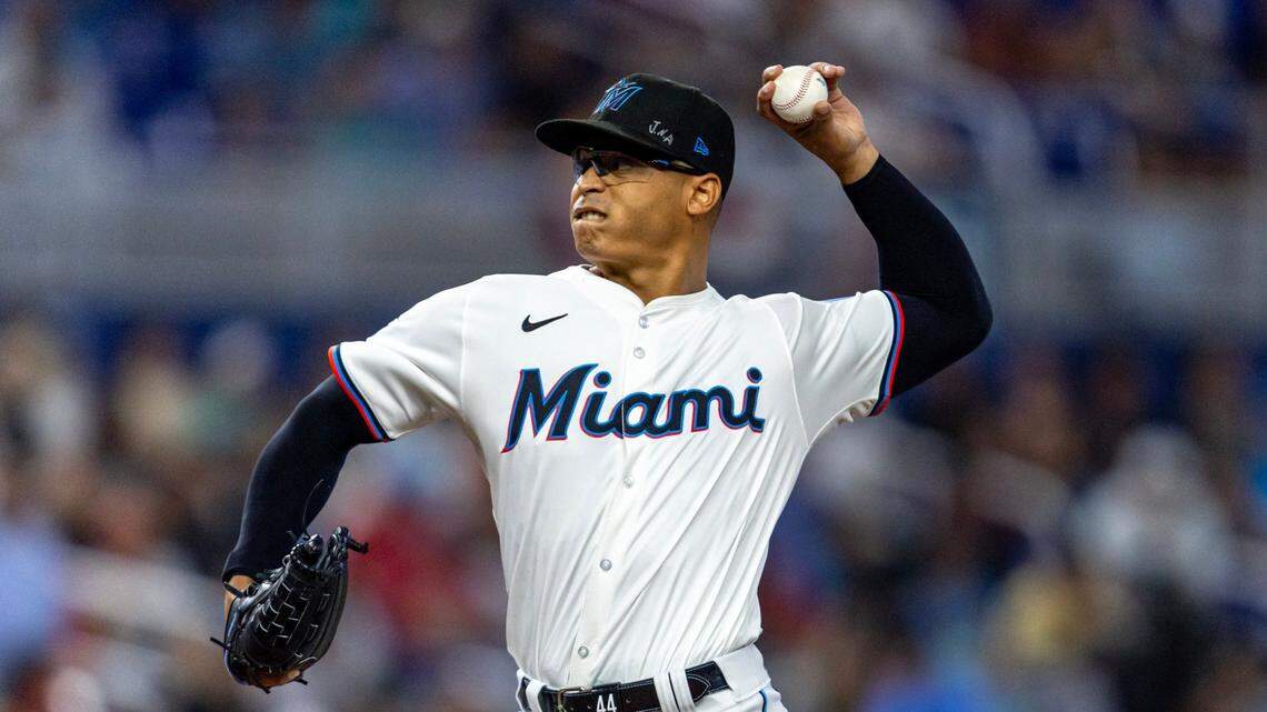 Miami Marlins starting pitcher Jesus Luzardo (44) throws the ball during the first inning of an MLB game against the Pittsburgh Pirates at LoanDepot Park in Miami, Florida, on Thursday, March 28, 2024.