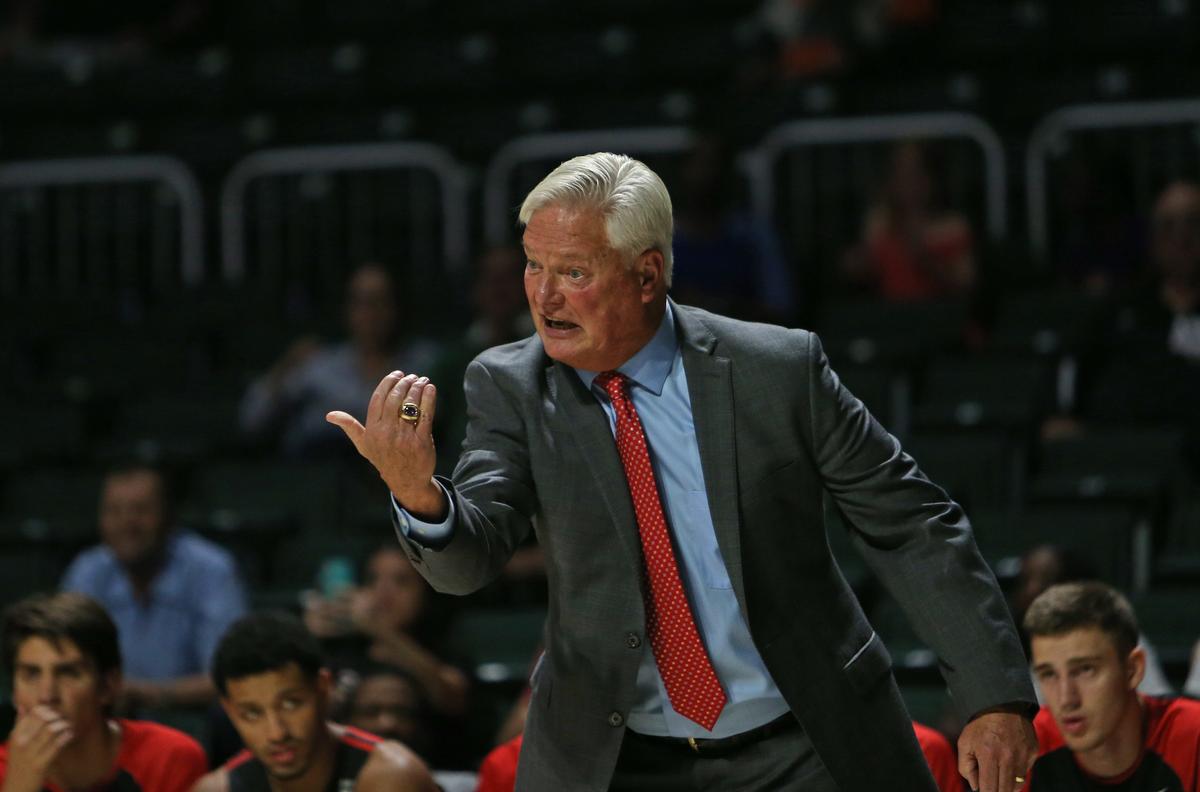 Barry University Buccaneers head coach Butch Estes gives instructions to his team during the first half of an NCAA college basketball exhibition game against the Miami Hurricanes at the Watsco Center in Coral Gables on Tuesday, Oct. 30, 2018.