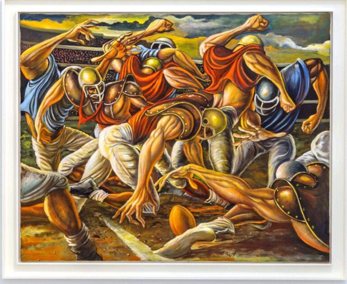 Ernie Barnes’s “Fumble in the Line” (1990), where football players are depicted in exaggerated, almost sculptural forms.