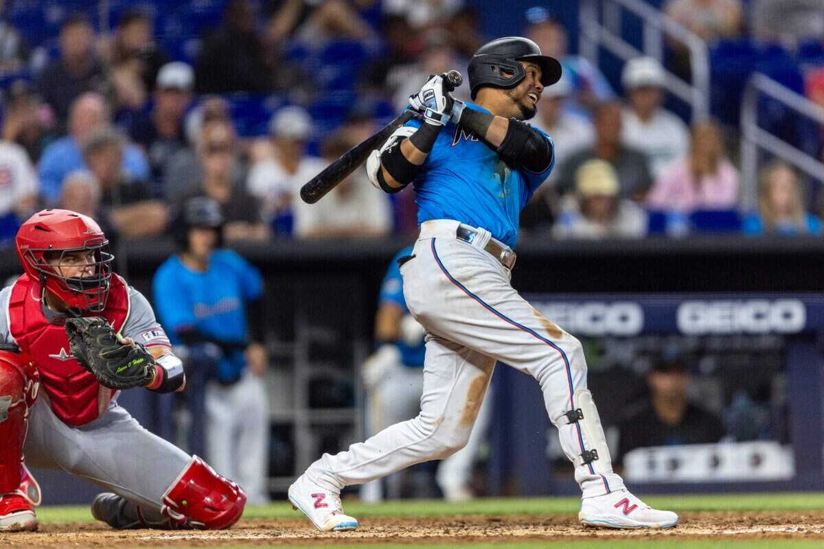 Miami Marlins second baseman Luis Arraez (3) reacts to lining out during the eighth inning of an MLB game against the Los Angeles Angels at LoanDepot Park in Miami, Florida, on Wednesday, April 2, 2024.