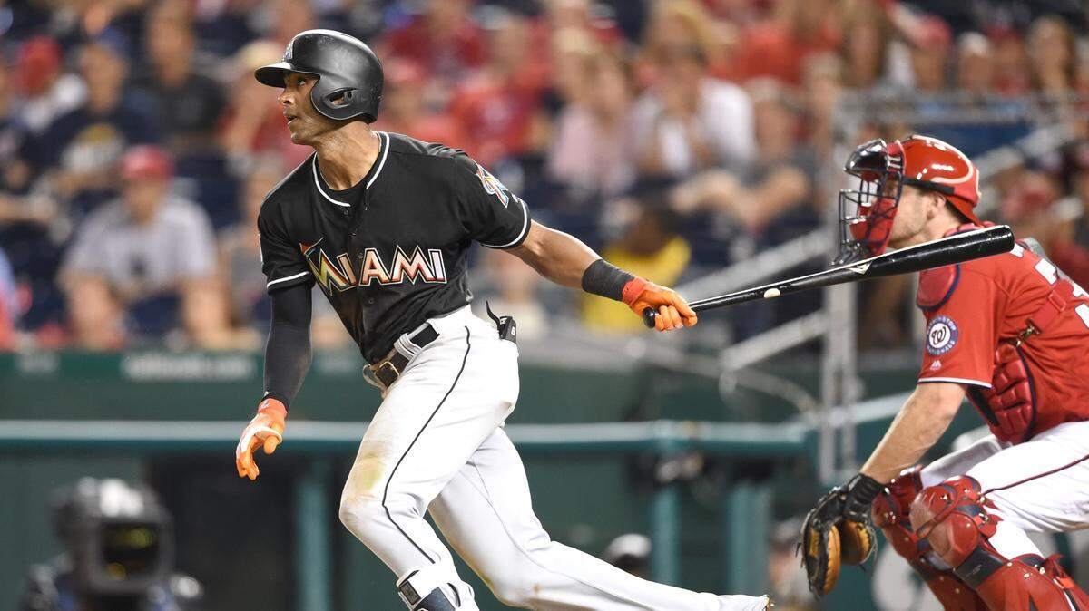 Miami Marlins’ Isaac Galloway singles in two runs in the 10th inningto propel the Marlins to a much-needed victory 7-5 over the Washington Nationals at Nationals Park on August 18, 2018 in Washington, D.C.