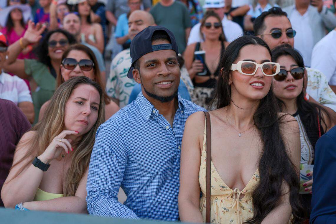 Fans watch the running of the 75th Curlin Florida Derby race at Gulfstream Park on March 28, 2026, in Hallandale, Florida.