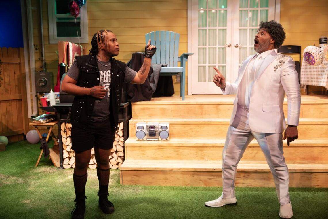 Henry Cadet as Juicy and Melvin Huffnagle as Pap in “Fat Ham” at Island City Stage, Wilton Manors. The production heads to GableStage opening Saturday, May 16 and running through Sunday, June 15.