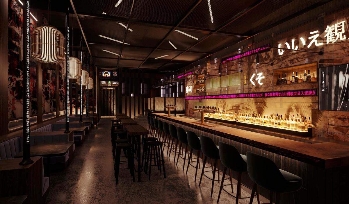 A rendering of Sushi Fly Kitchen, one of three new concepts by restaurateur David Grutman that will be housed inside the renovated South Beach Firestone service station.