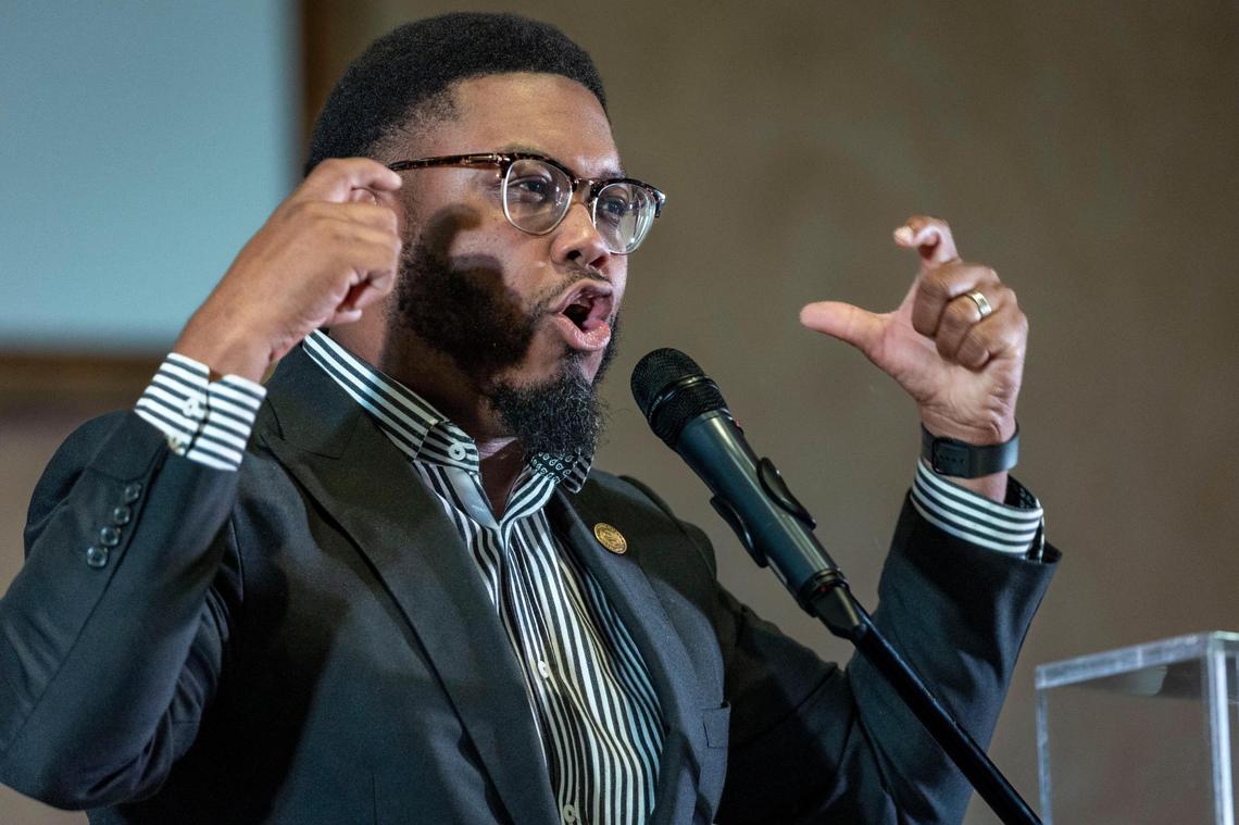 Miami, Florida, February 27, 2024- Pastor Alfonso Jackson Jr. of New Shiloh Missionary Baptist Church talks about the importance of Black History month to the congregation during a Tuesday Mid-week Service