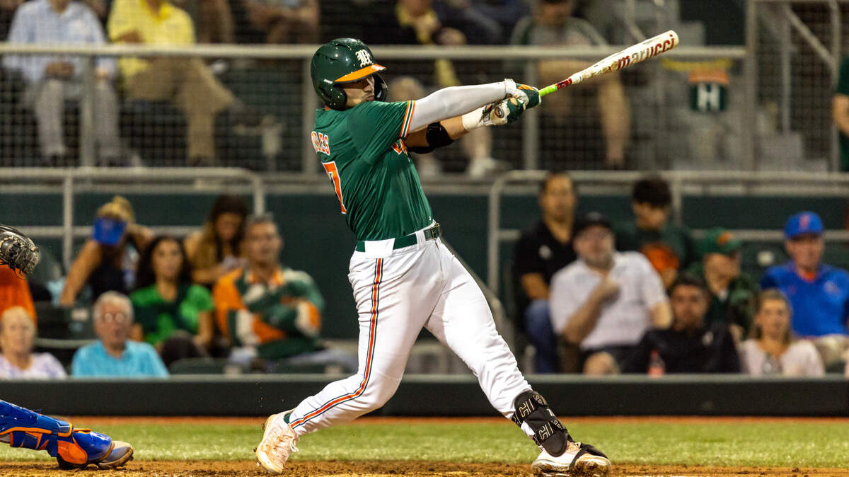 Hurricanes base runner Jason Torres (37) homers to right field during the third inning of an NCAA baseball game against University of Florida inside Alex Rodriguez Park at Mark Light Field in Coral Gables, Florida on Friday, March 1, 2024.