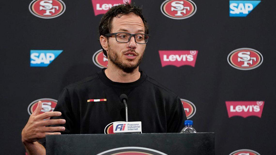 San Francisco 49ers offensive coordinator Mike McDaniel speaks during a news conference at NFL football training camp in Santa Clara, Calif., Thursday, July 29, 2021. (AP Photo/Jeff Chiu)