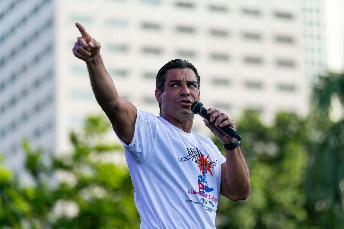 Miami Mayor Francis Suarez speaks during a rally at Bayfront Park in downtown Miami on July 31, 2021. The rally was held in solidarity with the anti-government protests happening in Cuba.