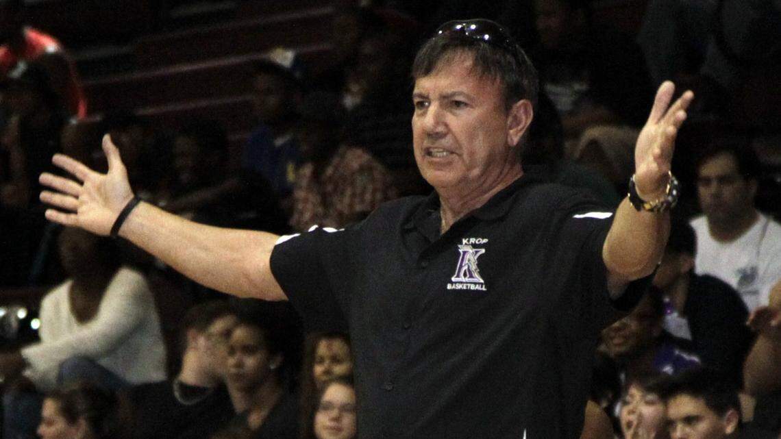 Krop’s head coach Shakey Rodriguez gestures during the Norland High School vs Krop High School in boys basketball on December 11, 2010.