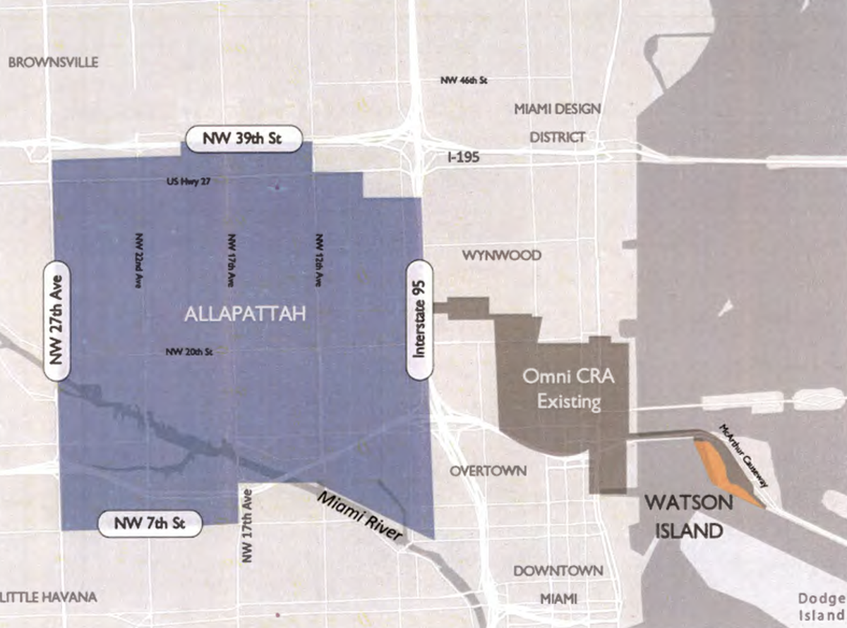 A map showing the proposed expansion area of the Omni CRA. The blue square over Allapattah is about 2,730 acres. All told, the proposed expansion would increase the size of the Omni CRA by nearly 600%.