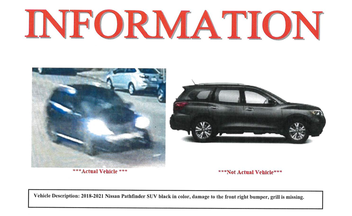 A photo from surveillance video of the car, a dark colored 2018 to 2021 Nissan Pathfinder.