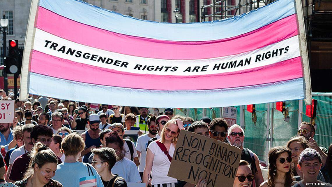 People march for transgender rights as the Supreme Courts considers whether federal law protects LGBTQ people from workplace discrimination.