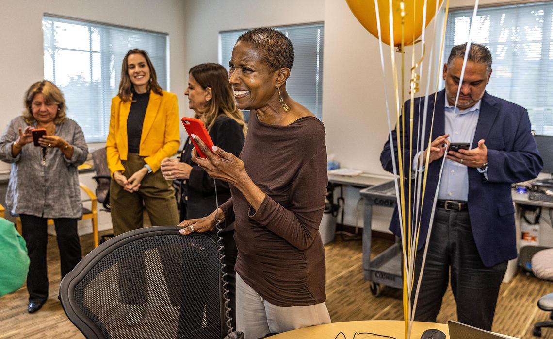 The Miami Herald editorial board members from left: Luisa Yanez, Isadora Rangel, Amy Driscoll and Nancy Ancrum react after winning the Pulitzer for editorial writing 2023. Alex Mena, Miami Herald/el Nuevo Herald interim executive editor is at right, on Monday May 08 , 2023.