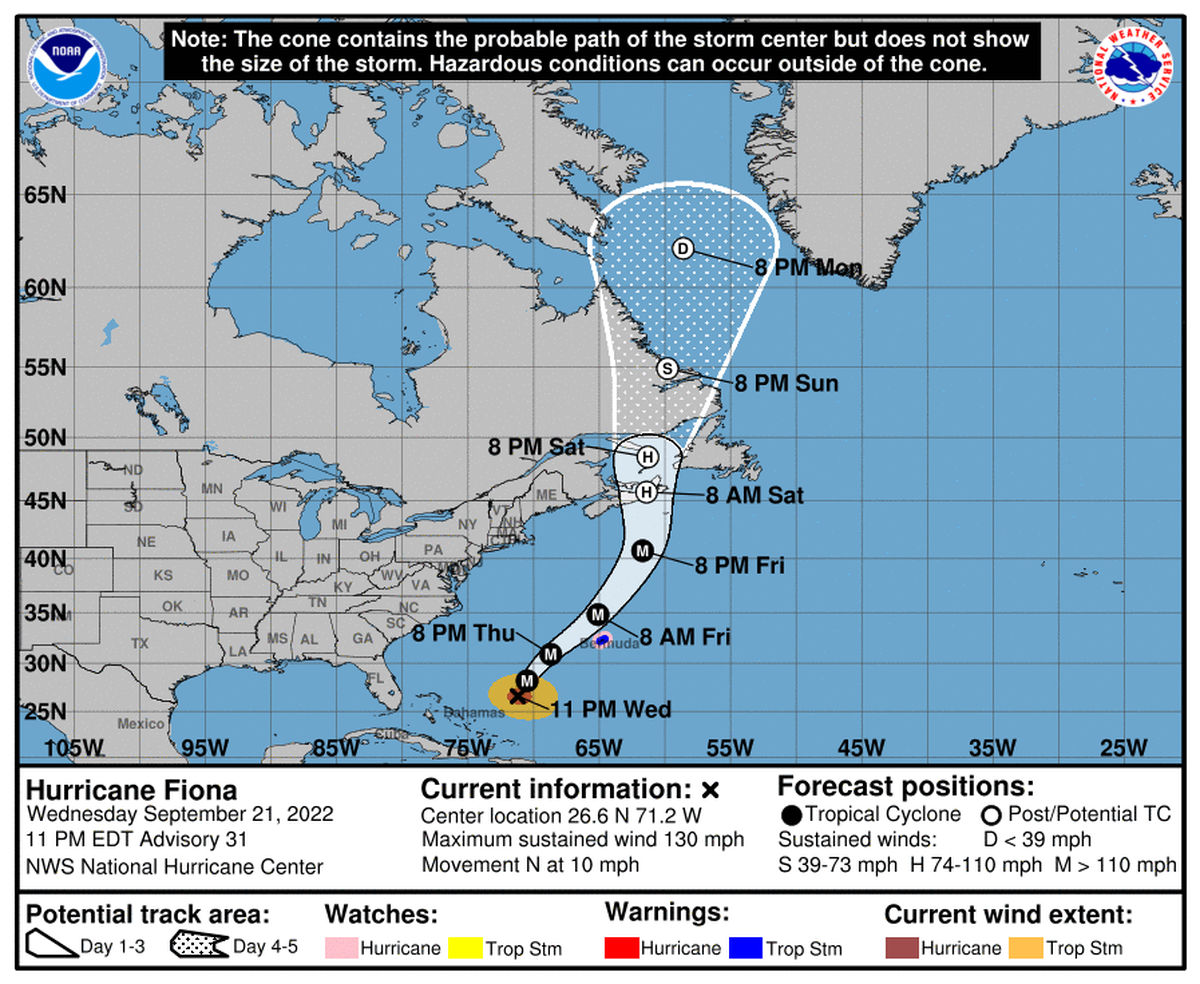 Hurricane Fiona’s forecast cone as of the National Hurricane Center’s 11 p.m. advisory.