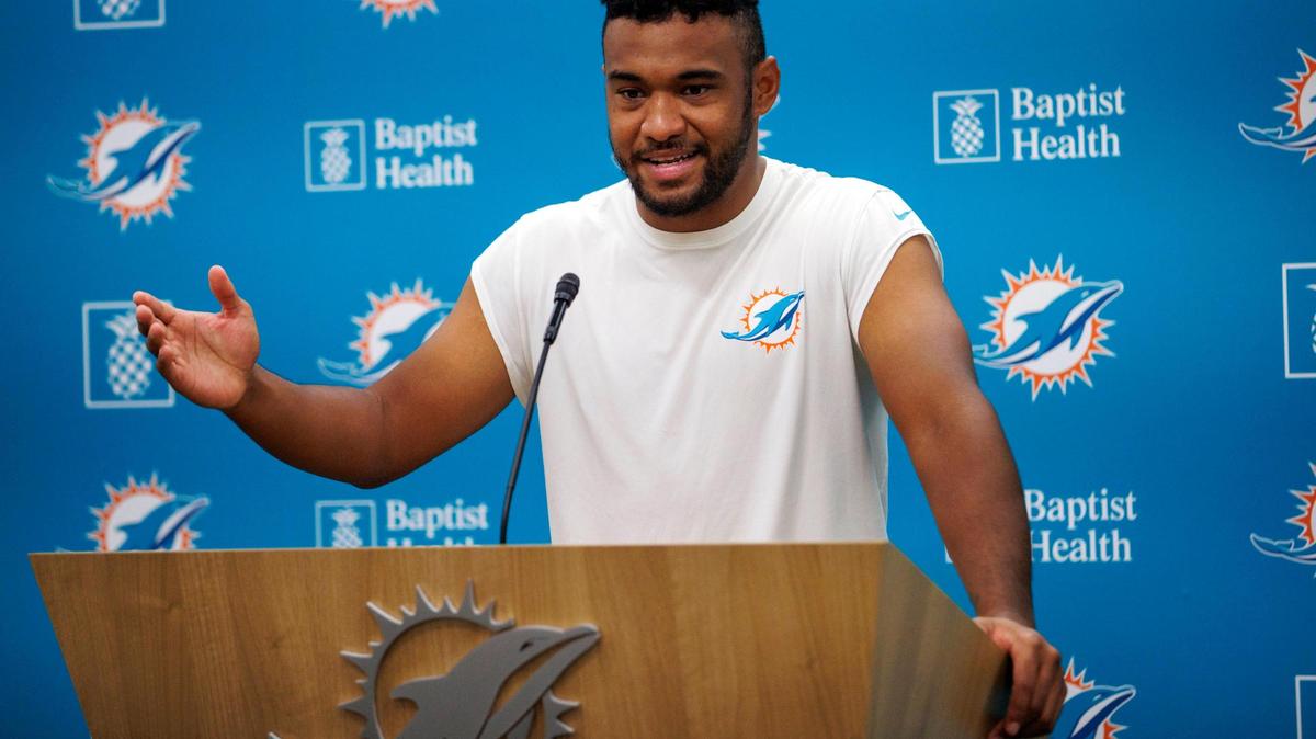 Miami Dolphins quarterback Tua Tagovailoa speaks during press conference at Baptist Health Training Complex in Hard Rock Stadium on Wednesday, April 20, 2022 in Miami Gardens, Florida.