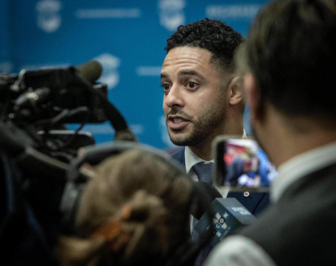 Newly appointed Broward County School Board Member Daniel Foganholi speaks to reporters after being sworn in at the Kathleen C. Wright Administration Center in Fort Lauderdale, Florida, on Jan. 18, 2023.