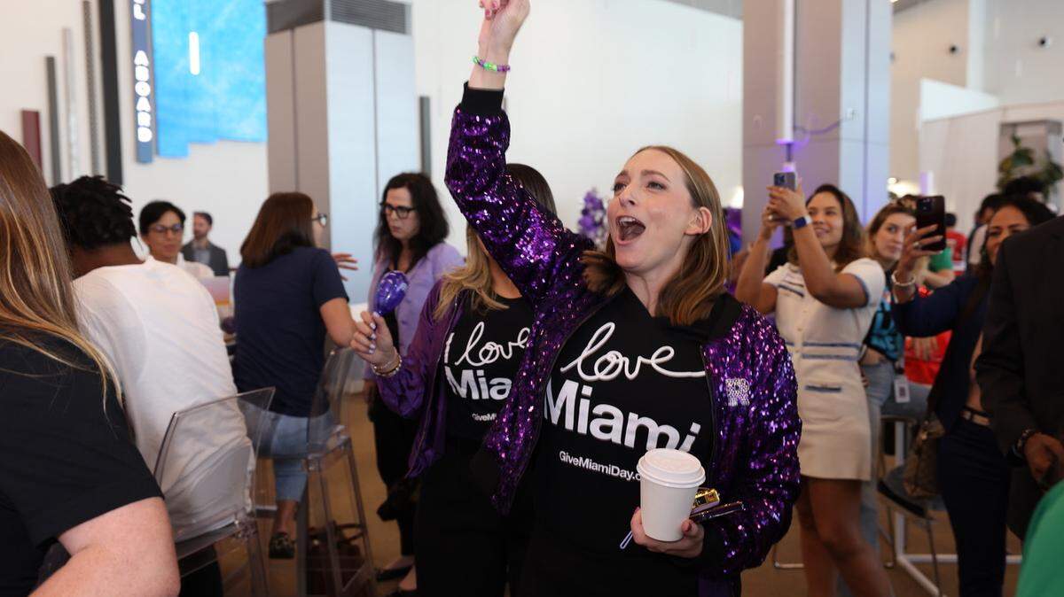 President and CEO of The Miami Foundation, Rebecca Fishman Lipsey, reacts to hitting a million dollar milestone on Give Miami Day on Nov. 21.