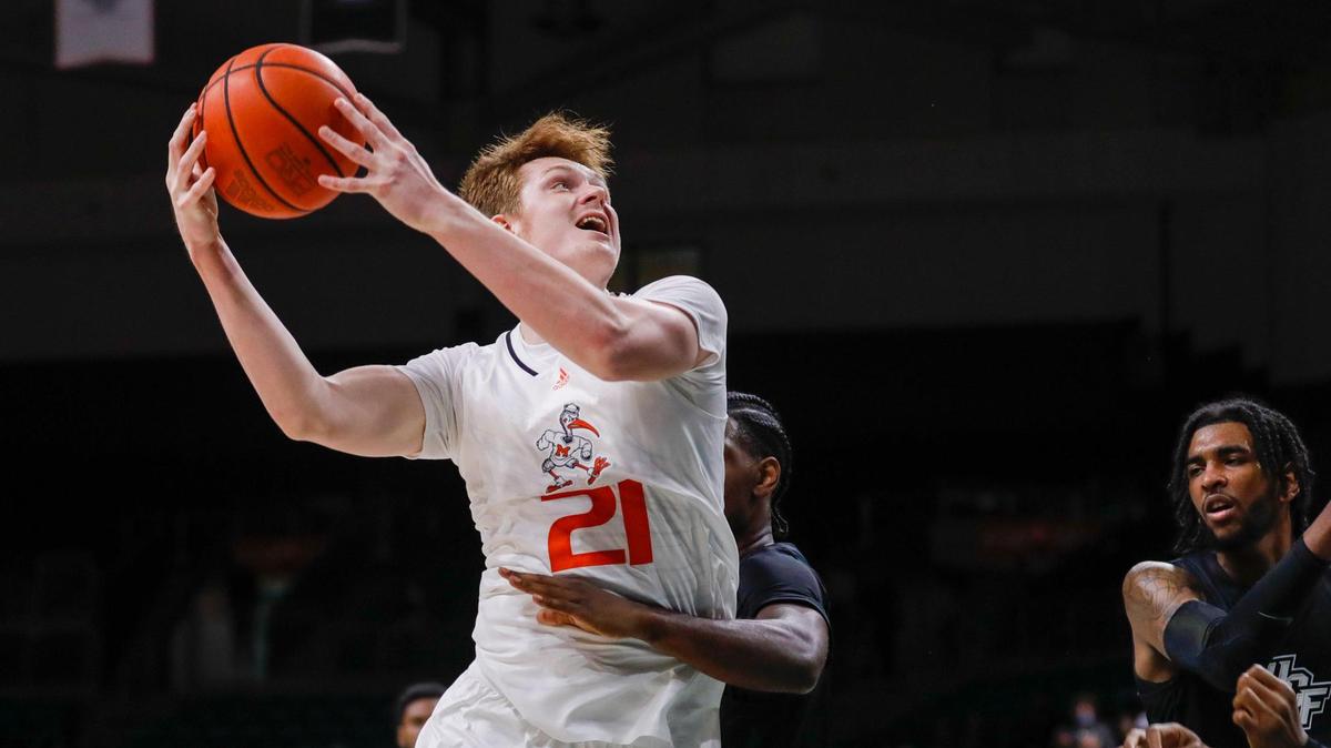 Miami Hurricanes forward Sam Waardenburg (21) is among the team leaders as UM opens ACC play against Clemson on Dec. 4, 2021.